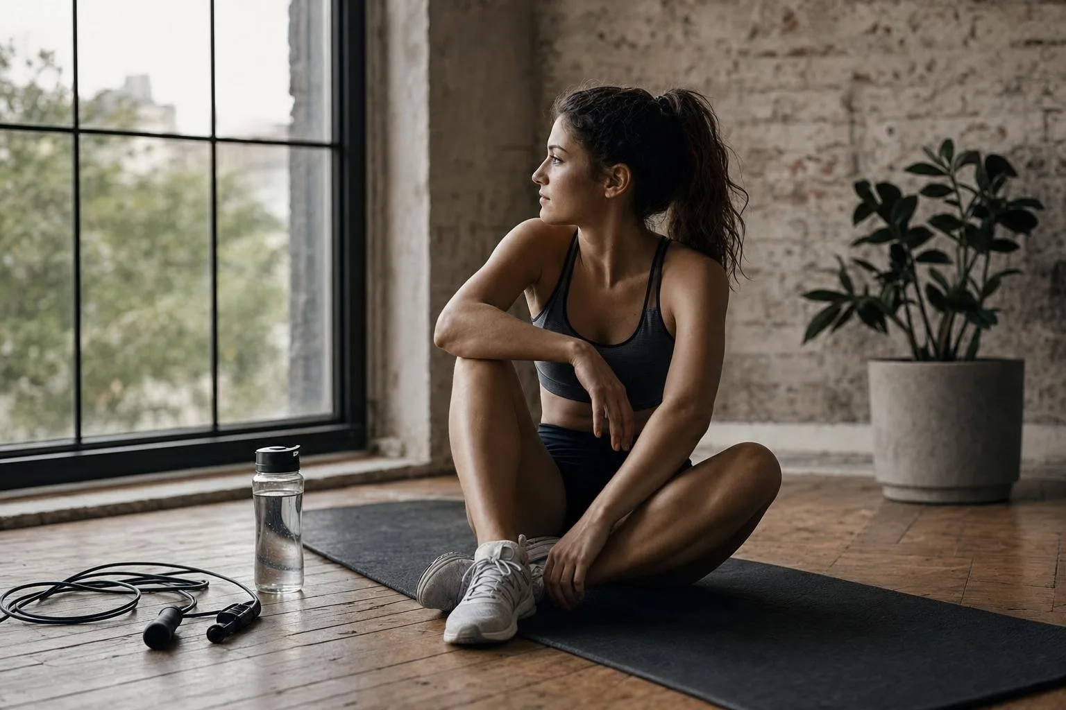 Athlete resting between sets in a bright gym